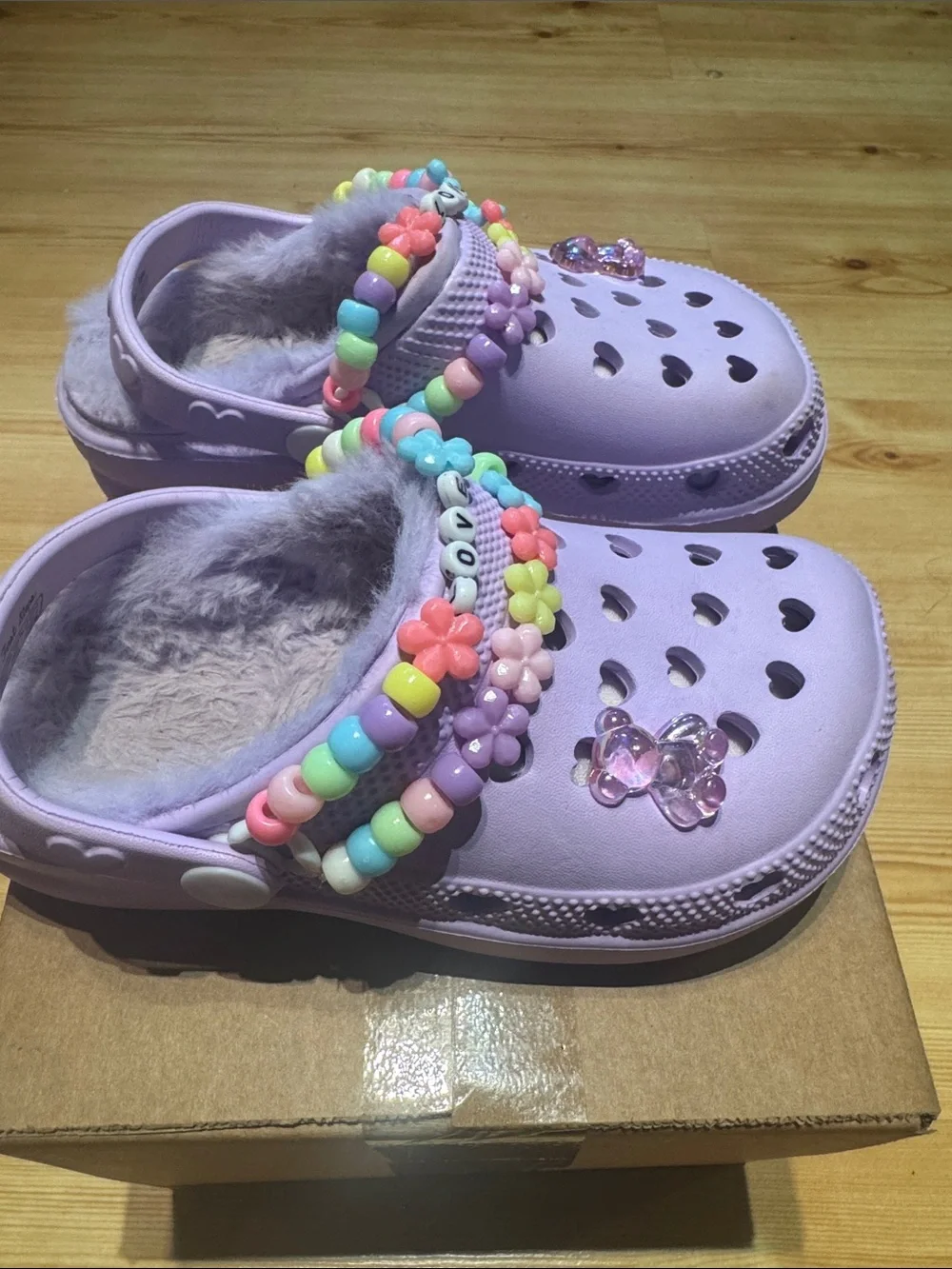 Kids Purple Heart Clogs with Beaded Flower Strap